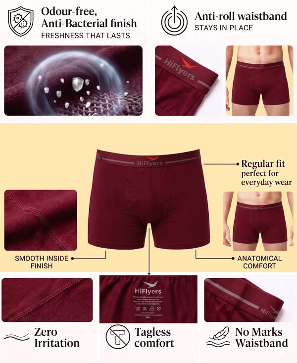 Hiflyers Men|Soft Breathable Odour-Free Cotton Lycra Fabric|Regular Fit|Comfortable Everyday Innerwear Trunk|Pack Of 3|Maroon,Black,Grey