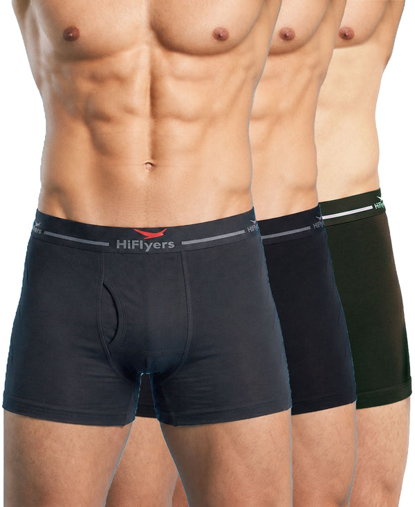 Hiflyers Men|Soft Breathable Odour-Free Cotton Lycra Fabric|Regular Fit|Comfortable Everyday Innerwear Trunk|Pack Of 3|Grey,Black,Olive