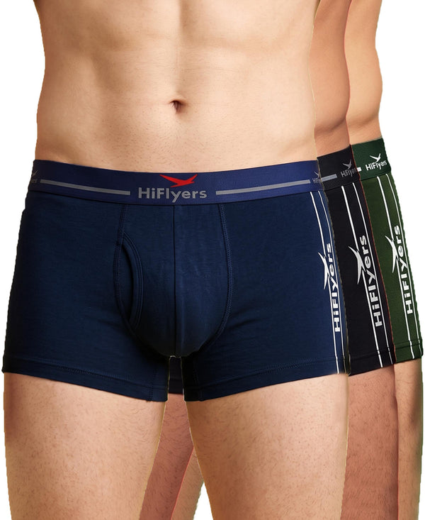 Hiflyers Men|Soft Breathable Odour-Free Cotton Lycra Fabric|Regular Fit|Comfortable Everyday Innerwear Trunk|Pack Of 3|Navy,Black,Olive