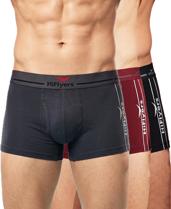 Hiflyers Men|Soft Breathable Odour-Free Cotton Lycra Fabric|Regular Fit|Comfortable Everyday Innerwear Trunk|Pack Of 3|Grey,Maroon,Black