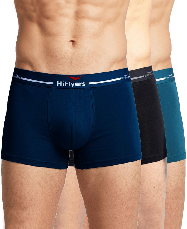 Hiflyers Men|Soft Breathable Odour-Free Micro Modal With Spandex Fabric|Regular Fit|Luxurious All-Day Innerwear Trunk|Pack Of 3|Navy,Black,Teal