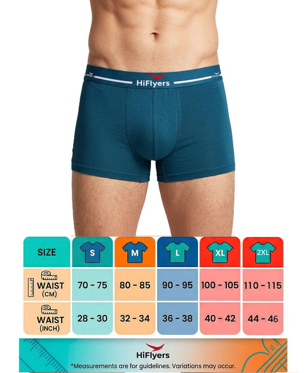 Hiflyers Men|Soft Breathable Odour-Free Micro Modal With Spandex Fabric|Regular Fit|Luxurious All-Day Innerwear Trunk|Pack Of 3|Black,Teal,Grey