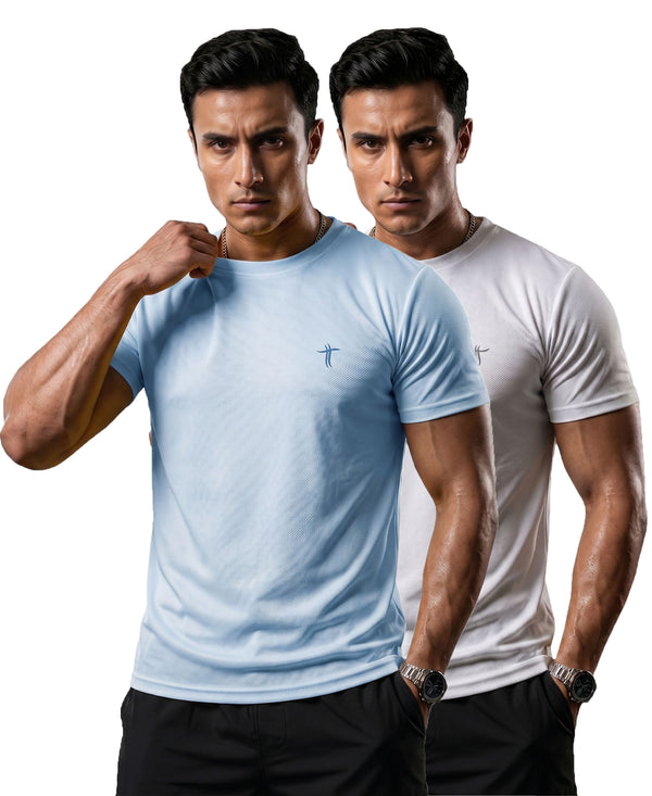 T.T. Men Dri-Fit Polyester Dot- Knit Fabric| Round Neck | Half Sleeve | Sweat-Wicking Gym & Active Wear Tees Pack Of 2 Light Blue,White