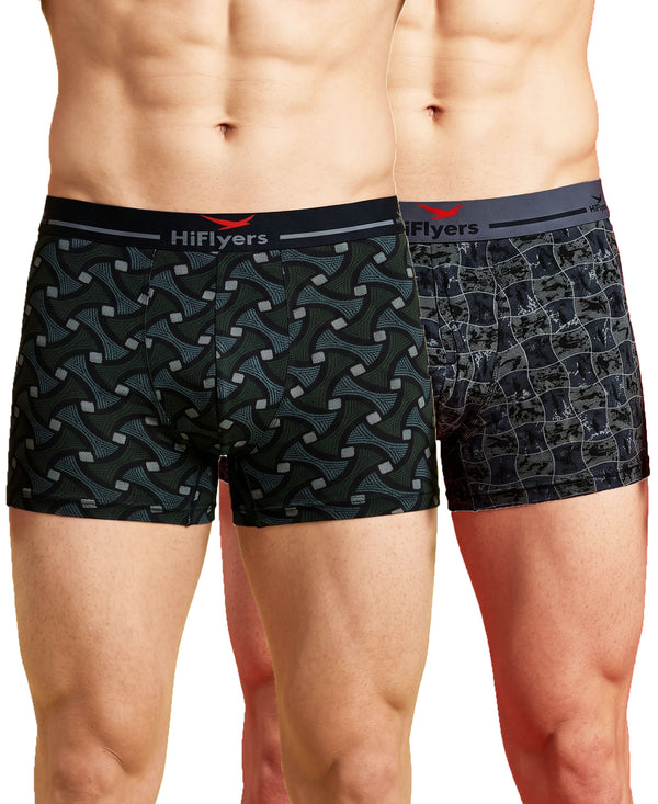 Hiflyers Men'S Micro Modal Spandex Trunk|Anti-Bacterial Odour-Free Fabric|Regular Fit|Ultra Soft Breathable Printed Innerwear|Pack Of 2|Black,Grey