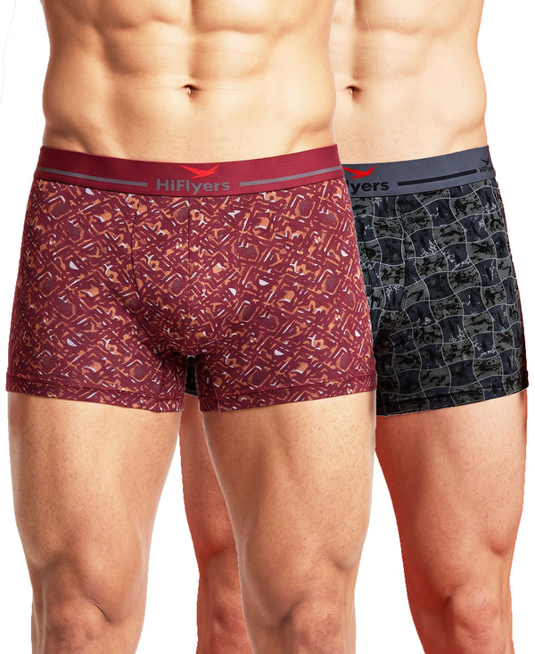 Hiflyers Men'S Micro Modal Spandex Trunk|Anti-Bacterial Odour-Free Fabric|Regular Fit|Ultra Soft Breathable Printed Innerwear|Pack Of 2|Maroon,Grey