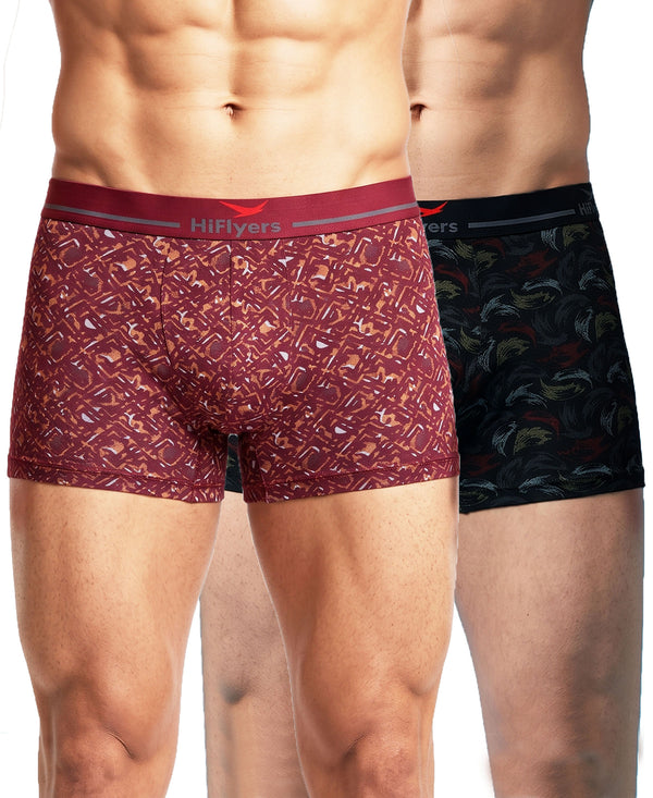 Hiflyers Men'S Micro Modal Spandex Trunk|Anti-Bacterial Odour-Free Fabric|Regular Fit|Ultra Soft Breathable Printed Innerwear|Pack Of 2|Maroon,Black