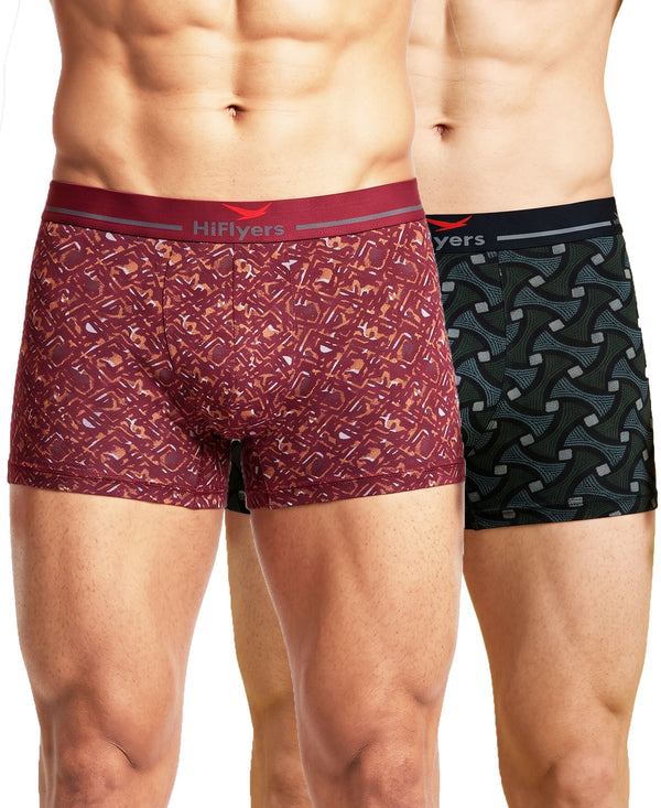 Hiflyers Men'S Micro Modal Spandex Trunk|Anti-Bacterial Odour-Free Fabric|Regular Fit|Ultra Soft Breathable Printed Innerwear|Pack Of 2|Maroon,Black