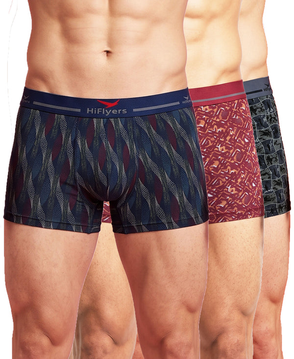 Hiflyers Men'S Micro Modal Spandex Trunk|Anti-Bacterial Odour-Free Fabric|Regular Fit|Ultra Soft Breathable Printed Innerwear|Pack Of 3|Navy,Maroon,Grey