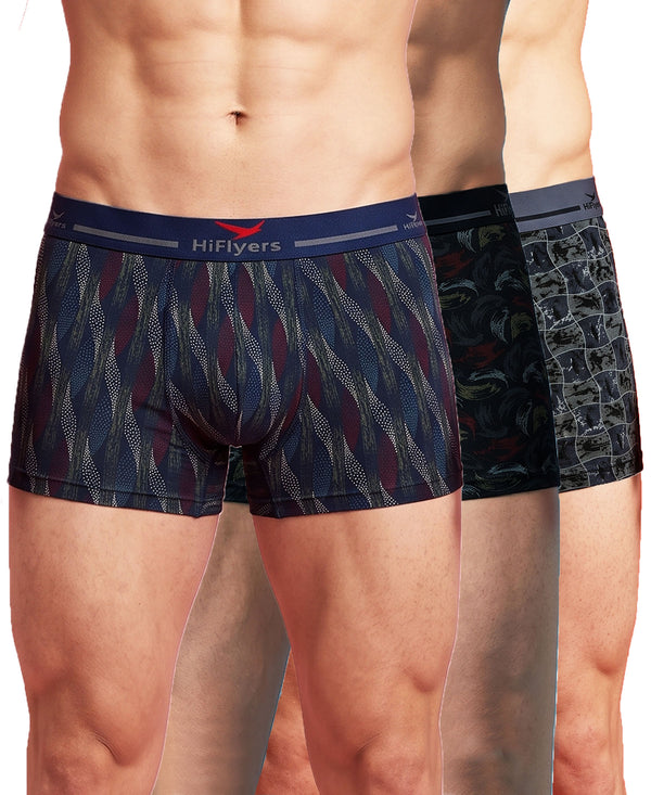 Hiflyers Men'S Micro Modal Spandex Trunk|Anti-Bacterial Odour-Free Fabric|Regular Fit|Ultra Soft Breathable Printed Innerwear|Pack Of 3|Navy,Black,Grey