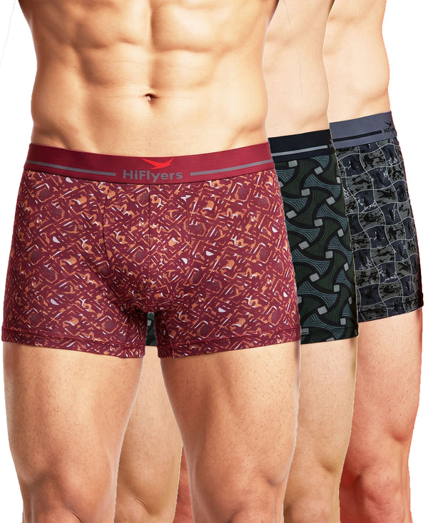 Hiflyers Men'S Micro Modal Spandex Trunk|Anti-Bacterial Odour-Free Fabric|Regular Fit|Ultra Soft Breathable Printed Innerwear|Pack Of 3|Maroon,Black,Grey