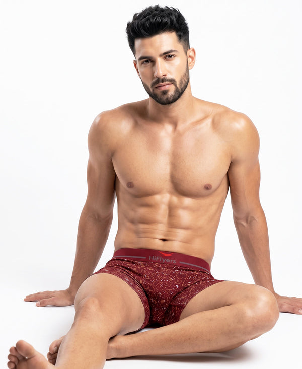 Hiflyers Men'S Micro Modal Spandex Trunk|Anti-Bacterial Odour-Free Fabric|Regular Fit|Ultra Soft Breathable Printed Innerwear|Maroon