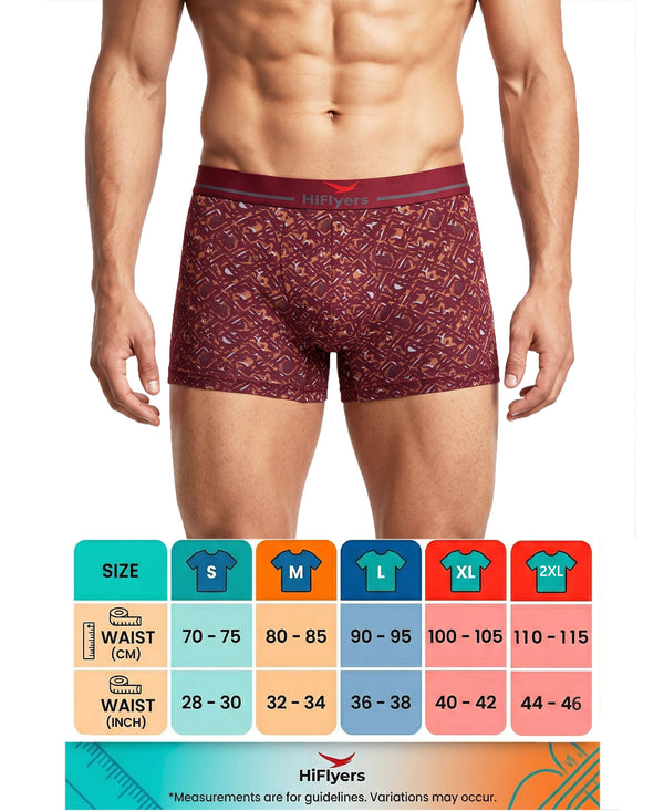 Hiflyers Men'S Micro Modal Spandex Trunk|Anti-Bacterial Odour-Free Fabric|Regular Fit|Ultra Soft Breathable Printed Innerwear|Pack Of 2|Maroon,Black