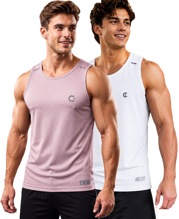 T.T. Men Dri-Fit Polyester Fooball-Knit Fabric| Round Neck | Sleeveless | Sweat-Wicking Gym & Active Wear Tees|Pack Of 2|Light Pink,White
