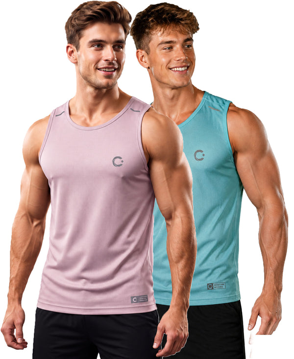 T.T. Men Dri-Fit Polyester Fooball-Knit Fabric| Round Neck | Sleeveless | Sweat-Wicking Gym & Active Wear Tees|Pack Of 2|Light Pink,Sky Blue