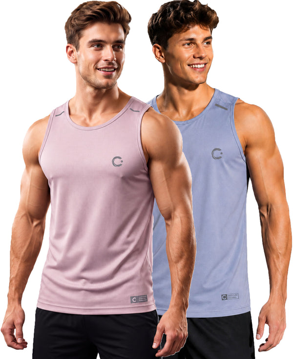 T.T. Men Dri-Fit Polyester Fooball-Knit Fabric| Round Neck | Sleeveless | Sweat-Wicking Gym & Active Wear Tees|Pack Of 2|Light Pink,Light Purple