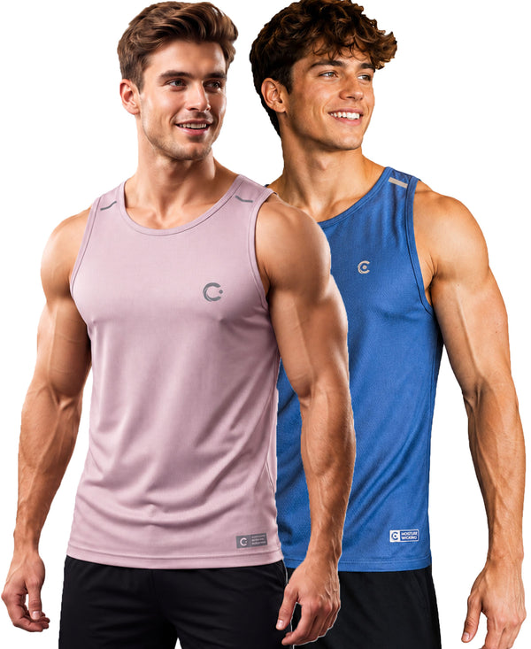 T.T. Men Dri-Fit Polyester Fooball-Knit Fabric| Round Neck | Sleeveless | Sweat-Wicking Gym & Active Wear Tees|Pack Of 2|Light Pink,Light Blue
