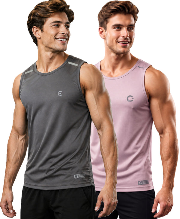 T.T. Men Dri-Fit Polyester Fooball-Knit Fabric| Round Neck | Sleeveless | Sweat-Wicking Gym & Active Wear Tees|Pack Of 2|Light Grey,Light Pink