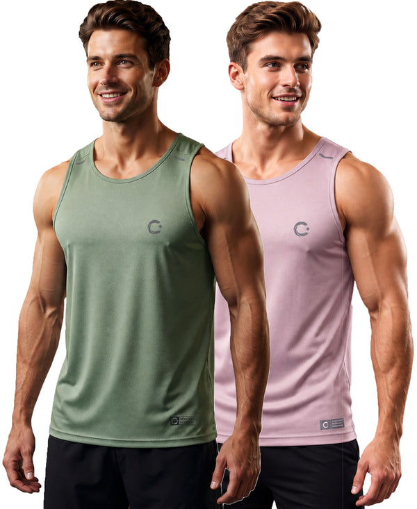 T.T. Men Dri-Fit Polyester Fooball-Knit Fabric| Round Neck | Sleeveless | Sweat-Wicking Gym & Active Wear Tees|Pack Of 2|Light Green,Light Pink