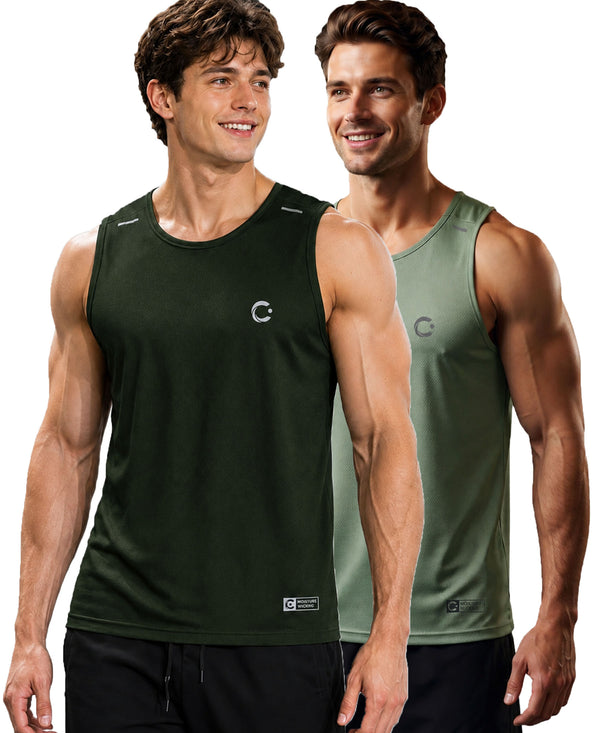 T.T. Men Dri-Fit Polyester Fooball-Knit Fabric| Round Neck | Sleeveless | Sweat-Wicking Gym & Active Wear Tees|Pack Of 2|Dark Green,Light Green