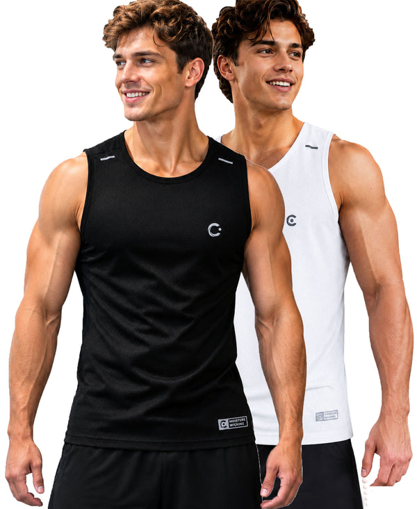 T.T. Men Dri-Fit Polyester Fooball-Knit Fabric| Round Neck | Sleeveless | Sweat-Wicking Gym & Active Wear Tees|Pack Of 2|Black,White