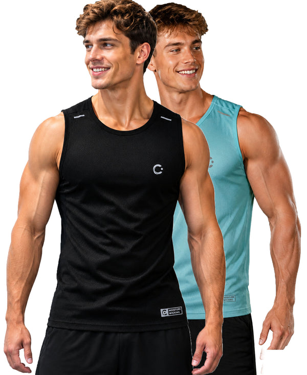 T.T. Men Dri-Fit Polyester Fooball-Knit Fabric| Round Neck | Sleeveless | Sweat-Wicking Gym & Active Wear Tees|Pack Of 2|Black,Sky Blue