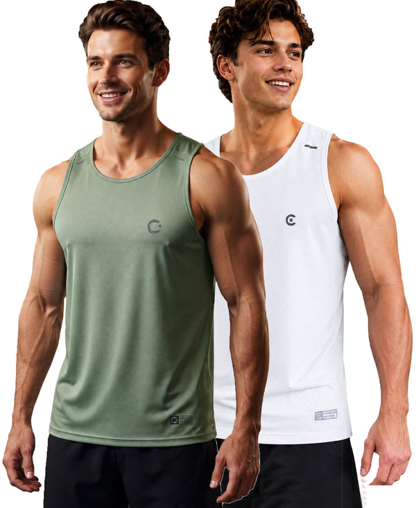 T.T. Men Dri-Fit Polyester Fooball-Knit Fabric| Round Neck | Sleeveless | Sweat-Wicking Gym & Active Wear Tees|Pack Of 2|Light Green,White