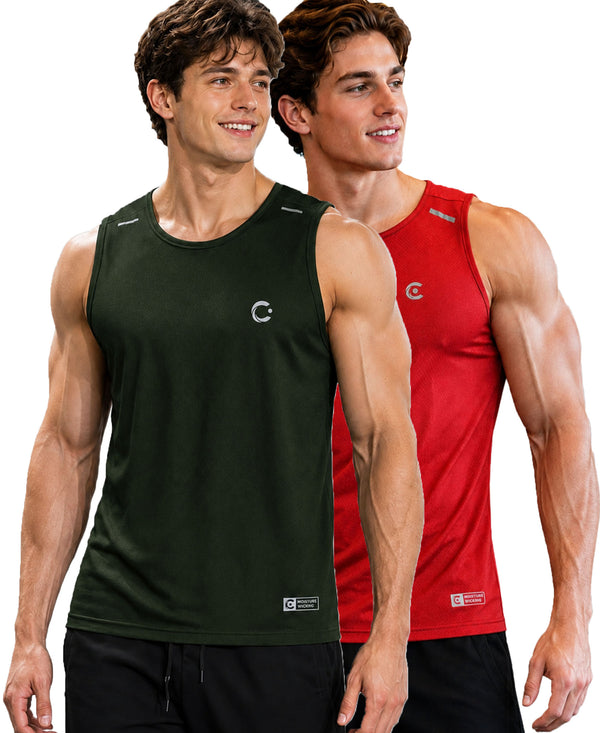 T.T. Men Dri-Fit Polyester Fooball-Knit Fabric| Round Neck | Sleeveless | Sweat-Wicking Gym & Active Wear Tees|Pack Of 2|Dark Green,Red