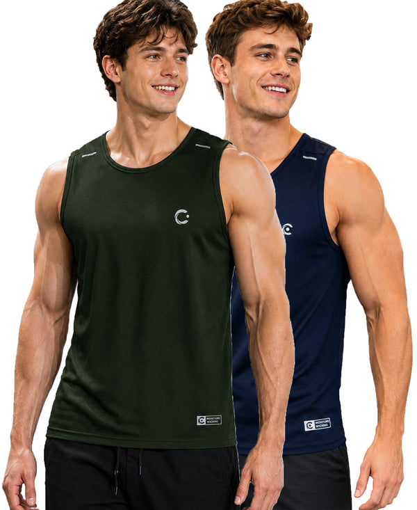 T.T. Men Dri-Fit Polyester Fooball-Knit Fabric| Round Neck | Sleeveless | Sweat-Wicking Gym & Active Wear Tees|Pack Of 2|Dark Green,Navy