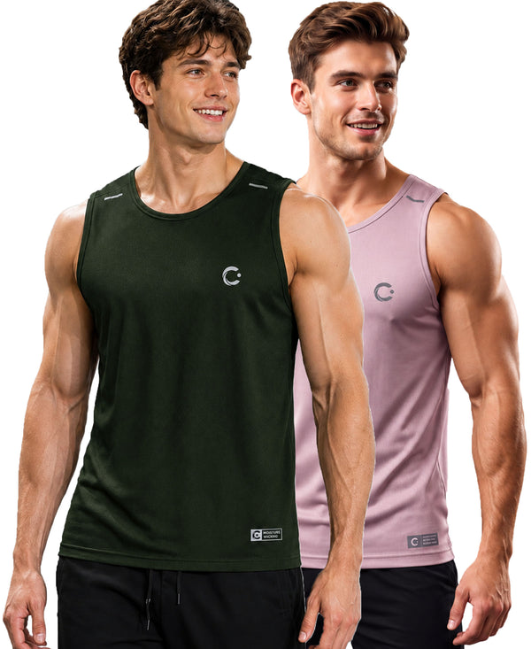 T.T. Men Dri-Fit Polyester Fooball-Knit Fabric| Round Neck | Sleeveless | Sweat-Wicking Gym & Active Wear Tees|Pack Of 2|Dark Green,Light Pink
