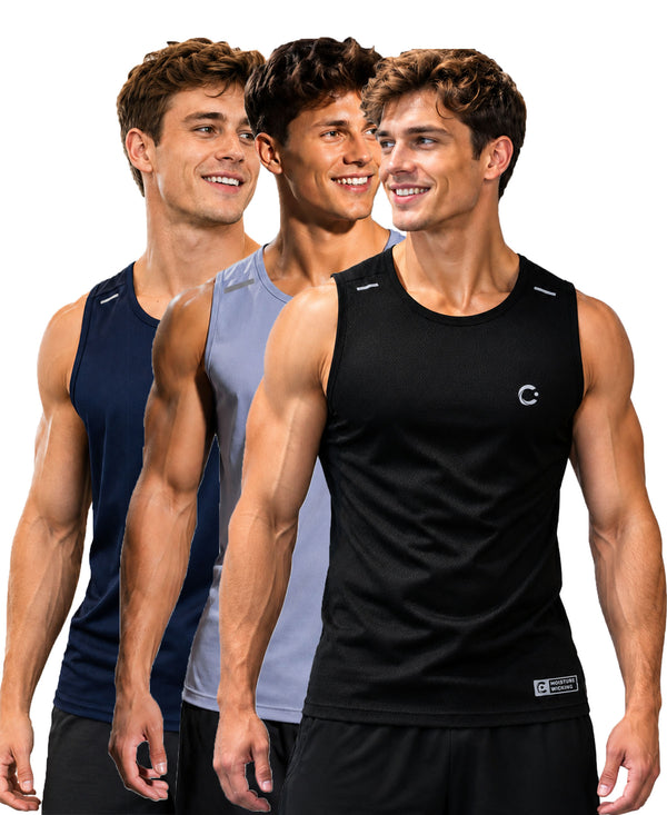 T.T. Men Dri-Fit Polyester Fooball-Knit Fabric| Round Neck | Sleeveless | Sweat-Wicking Gym & Active Wear Tees|Pack Of 3|Black,Light Purple,Navy