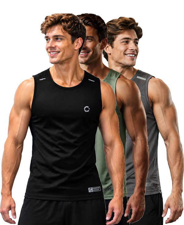 T.T. Men Dri-Fit Polyester Fooball-Knit Fabric| Round Neck | Sleeveless | Sweat-Wicking Gym & Active Wear Tees|Pack Of 3|Black,Light Green,Light Grey