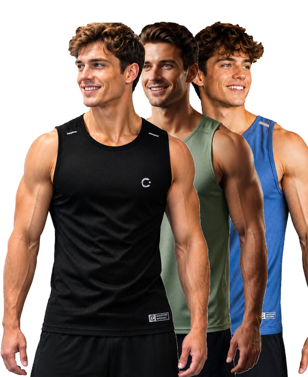 T.T. Men Dri-Fit Polyester Fooball-Knit Fabric| Round Neck | Sleeveless | Sweat-Wicking Gym & Active Wear Tees|Pack Of 3|Black,Light Green,Light Blue