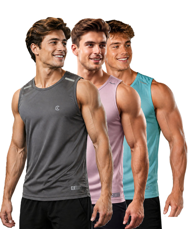 T.T. Men Dri-Fit Polyester Fooball-Knit Fabric| Round Neck | Sleeveless | Sweat-Wicking Gym & Active Wear Tees|Pack Of 3|Light Grey,Light Pink,Sky Blue