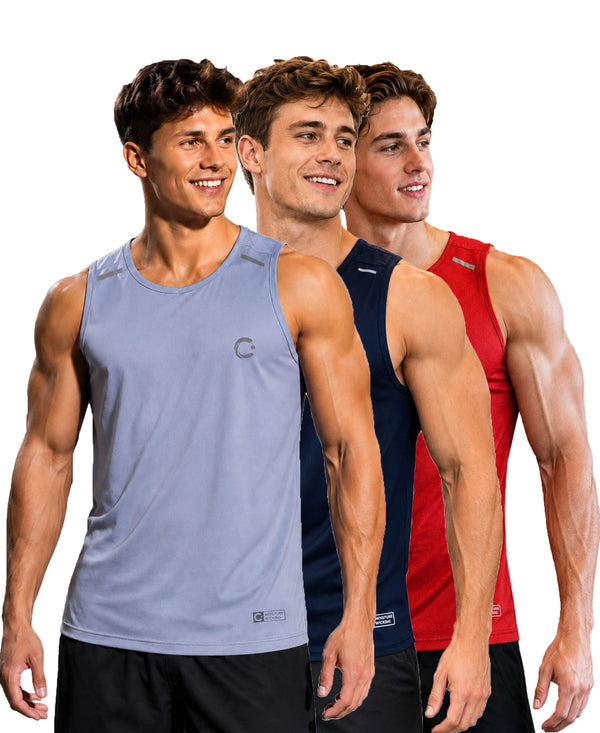 T.T. Men Dri-Fit Polyester Fooball-Knit Fabric| Round Neck | Sleeveless | Sweat-Wicking Gym & Active Wear Tees|Pack Of 3|Light Purple,Navy,Red
