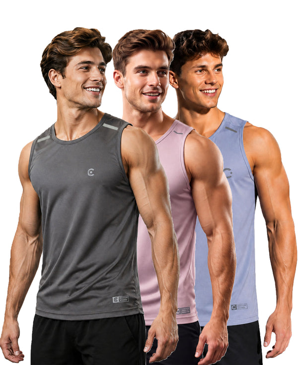 T.T. Men Dri-Fit Polyester Fooball-Knit Fabric| Round Neck | Sleeveless | Sweat-Wicking Gym & Active Wear Tees|Pack Of 3|Light Grey,Light Pink,Light Purple
