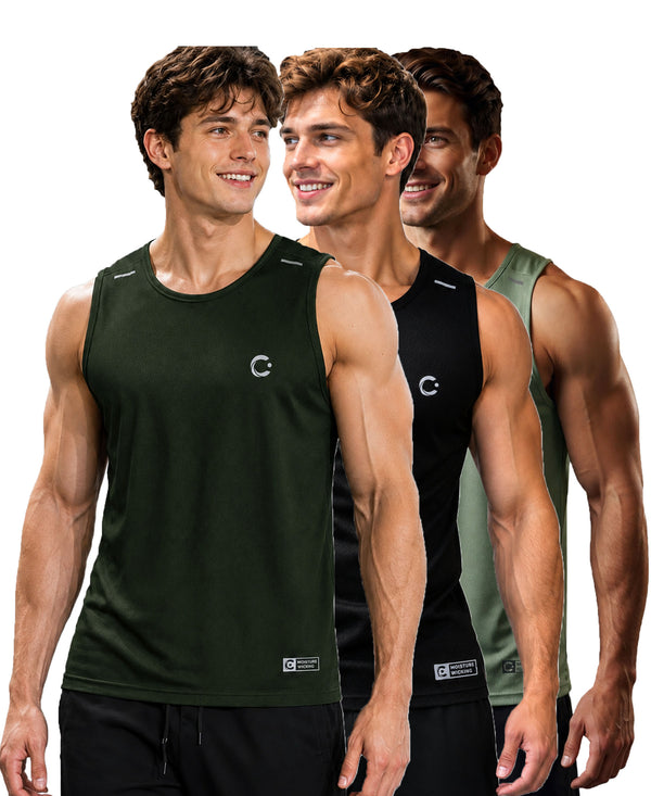 T.T. Men Dri-Fit Polyester Fooball-Knit Fabric| Round Neck | Sleeveless | Sweat-Wicking Gym & Active Wear Tees|Pack Of 3|Dark Green,Black,Light Green