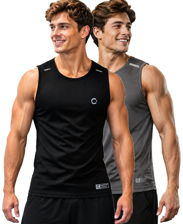 T.T. Men Dri-Fit Polyester Fooball-Knit Fabric| Round Neck | Sleeveless | Sweat-Wicking Gym & Active Wear Tees|Pack Of 2|Black,Light Grey