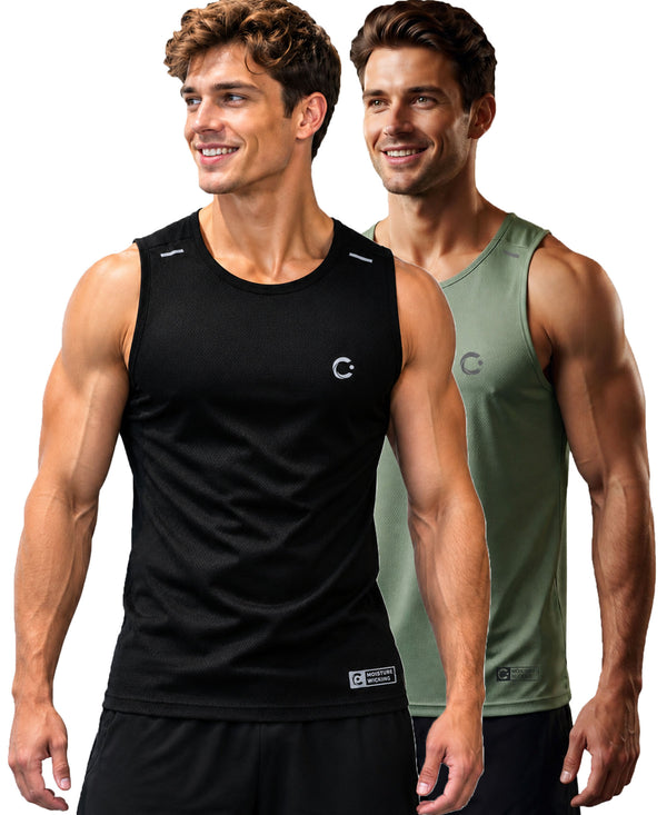 T.T. Men Dri-Fit Polyester Fooball-Knit Fabric| Round Neck | Sleeveless | Sweat-Wicking Gym & Active Wear Tees|Pack Of 2|Black,Light Green