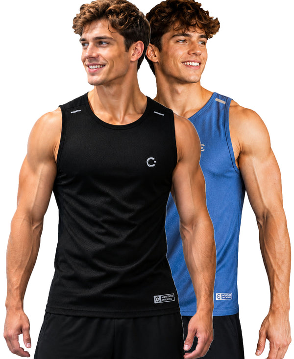 T.T. Men Dri-Fit Polyester Fooball-Knit Fabric| Round Neck | Sleeveless | Sweat-Wicking Gym & Active Wear Tees|Pack Of 2|Black,Light Blue