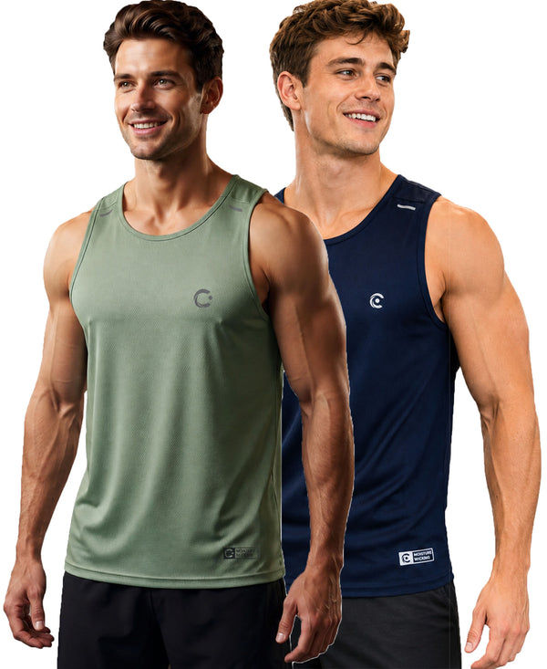 T.T. Men Dri-Fit Polyester Fooball-Knit Fabric| Round Neck | Sleeveless | Sweat-Wicking Gym & Active Wear Tees|Pack Of 2|Light Green,Navy