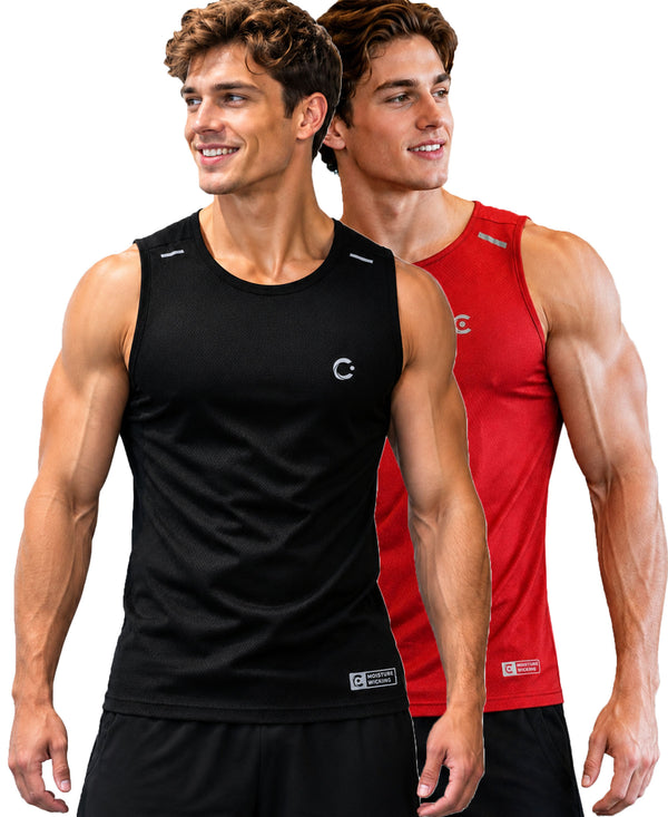 T.T. Men Dri-Fit Polyester Fooball-Knit Fabric| Round Neck | Sleeveless | Sweat-Wicking Gym & Active Wear Tees|Pack Of 2|Black,Red