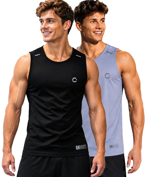 T.T. Men Dri-Fit Polyester Fooball-Knit Fabric| Round Neck | Sleeveless | Sweat-Wicking Gym & Active Wear Tees|Pack Of 2|Black,Light Purple