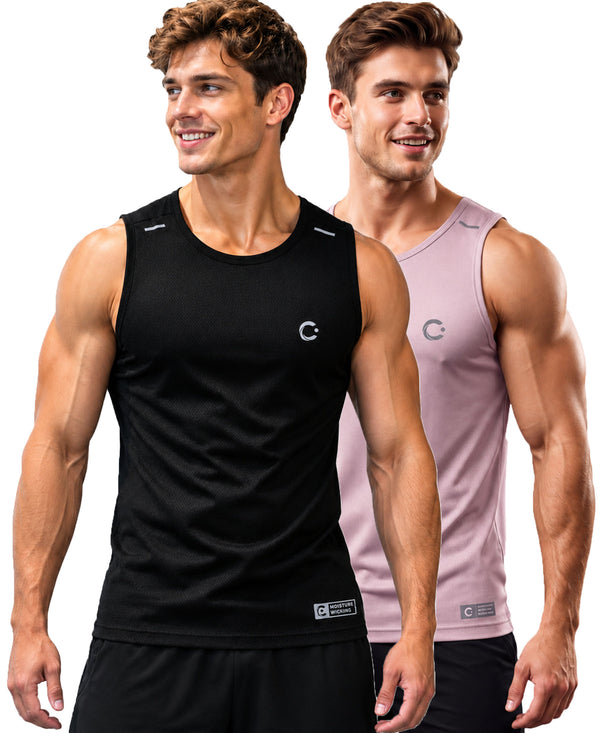 T.T. Men Dri-Fit Polyester Fooball-Knit Fabric| Round Neck | Sleeveless | Sweat-Wicking Gym & Active Wear Tees|Pack Of 2|Black,Light Pink