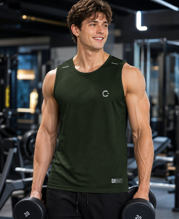 T.T. Men Dri-Fit Polyester Fooball-Knit Fabric| Round Neck | Sleeveless | Sweat-Wicking Gym & Active Wear TeesDark Green
