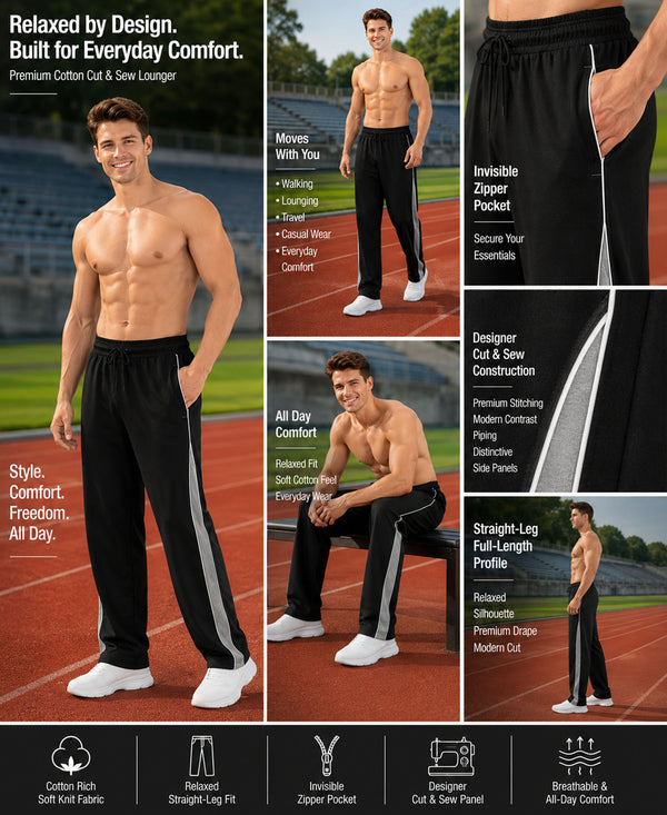 T.T. Men Premium Cotton Cut & Sew Track Pant |Straight Fit| Side Zipper Pocket|Ideal For Gym, Running, Lounge & Casual Wear Pack Of 2-Black,Grey Melange