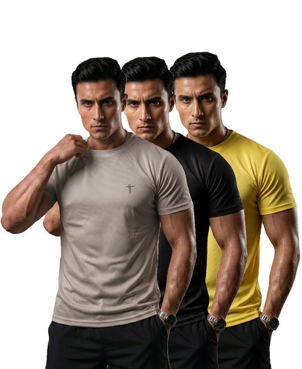 T.T. Men Dri-Fit Polyester Dot- Knit Fabric| Round Neck | Half Sleeve | Sweat-Wicking Gym & Active Wear Tees Pack Of 3 Light Grey,Black,Yellow