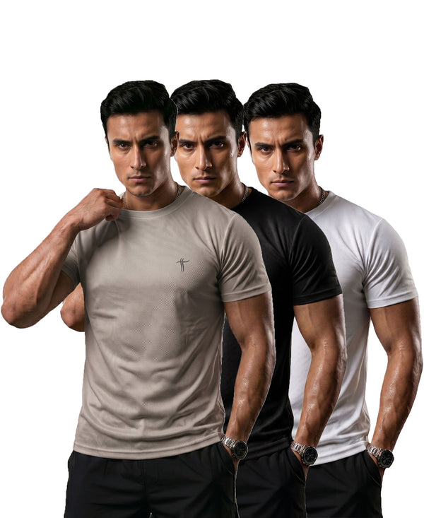 T.T. Men Dri-Fit Polyester Dot- Knit Fabric| Round Neck | Half Sleeve | Sweat-Wicking Gym & Active Wear Tees Pack Of 3 Light Grey,Black,White