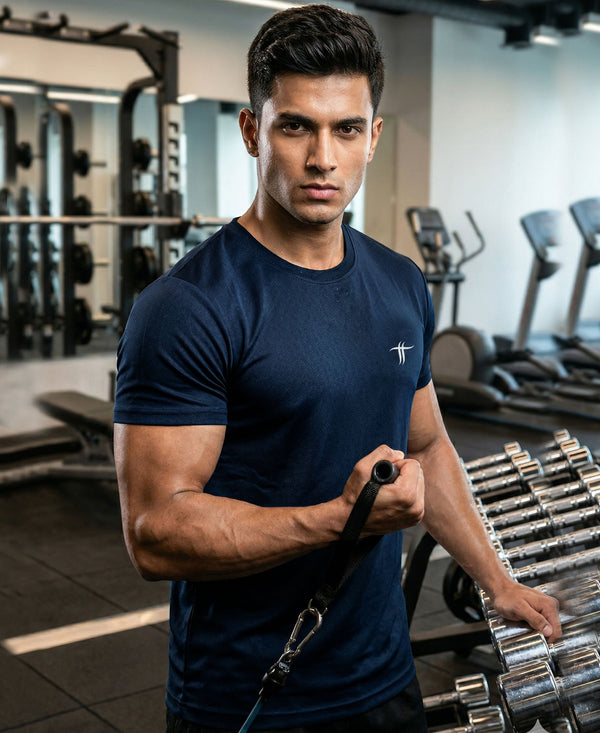 T.T. Men Dri-Fit Polyester Dot- Knit Fabric| Round Neck | Half Sleeve | Sweat-Wicking Gym & Active Wear Tees Pack Of 3 Light Blue,Olive,Navy