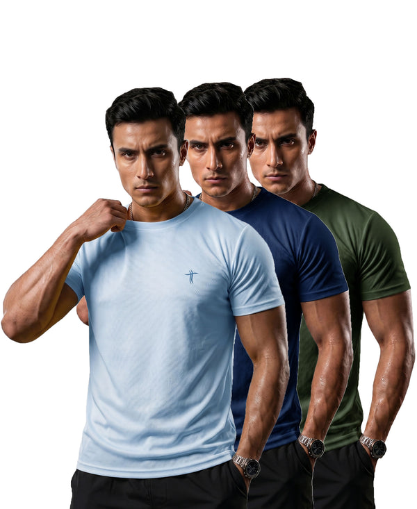 T.T. Men Dri-Fit Polyester Dot- Knit Fabric| Round Neck | Half Sleeve | Sweat-Wicking Gym & Active Wear Tees Pack Of 3 Light Blue,Navy,Olive
