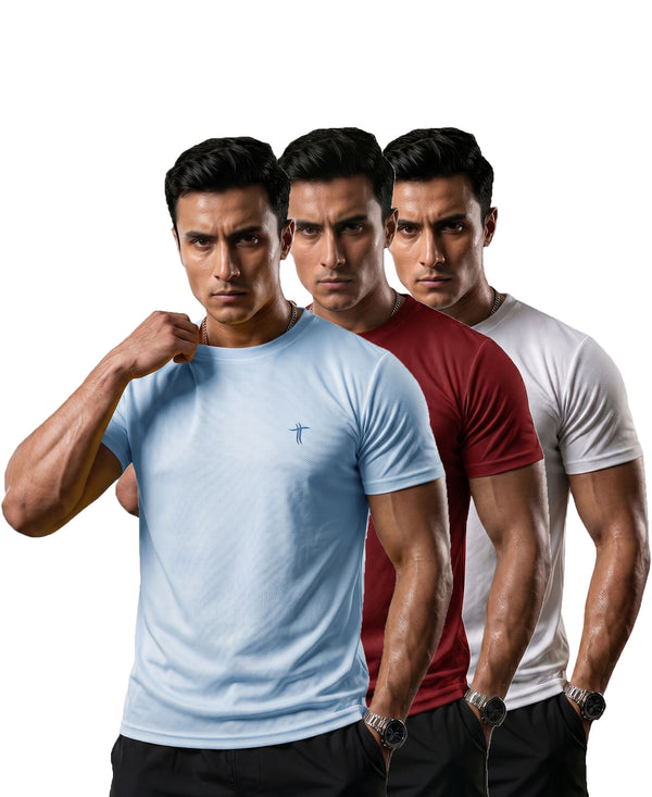 T.T. Men Dri-Fit Polyester Dot- Knit Fabric| Round Neck | Half Sleeve | Sweat-Wicking Gym & Active Wear Tees Pack Of 3 Light Blue,Maroon,White